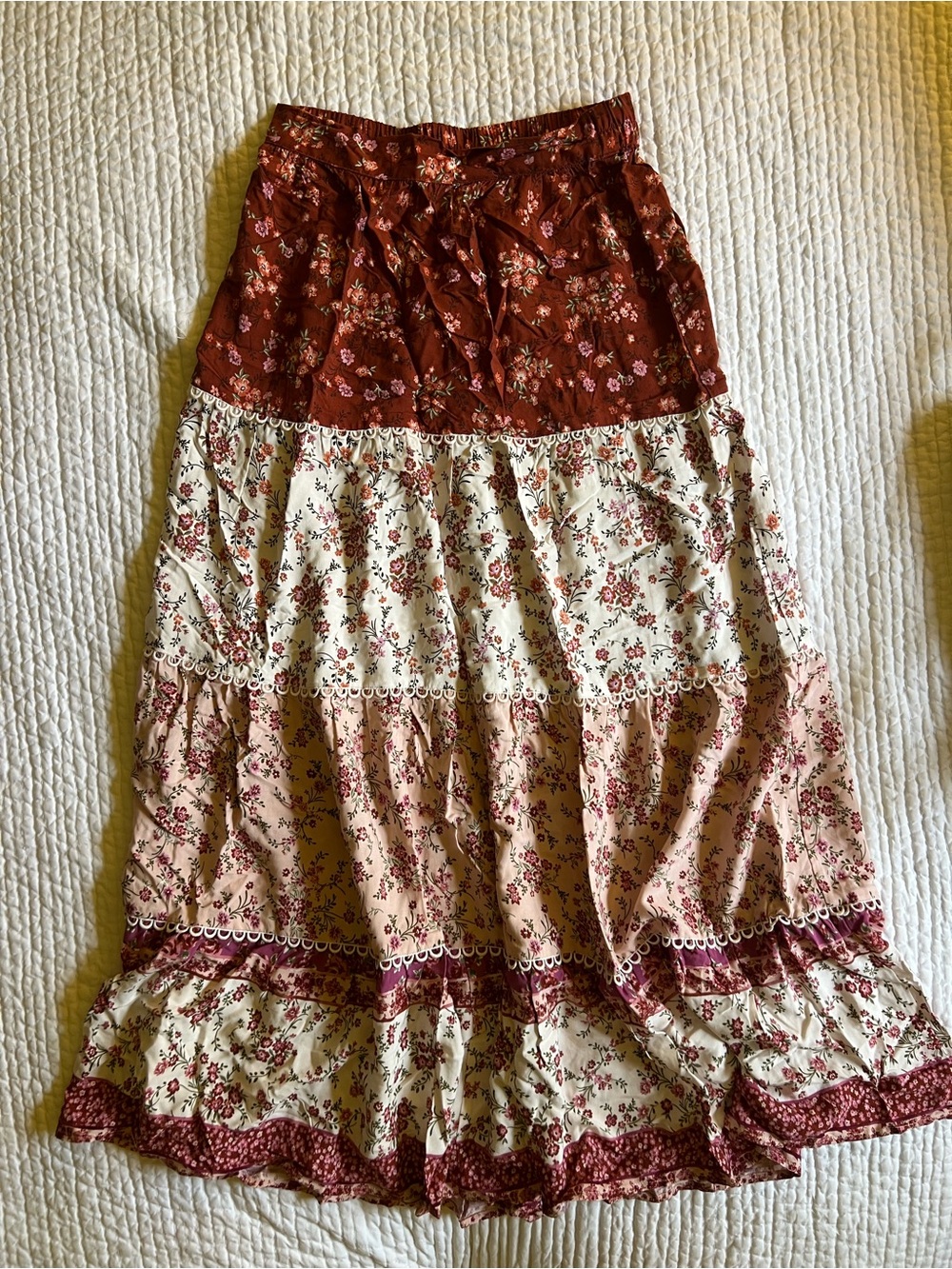 Altar’d State Boho Tiered Floral Maxi Skirt - Rust, Cream, Blush
